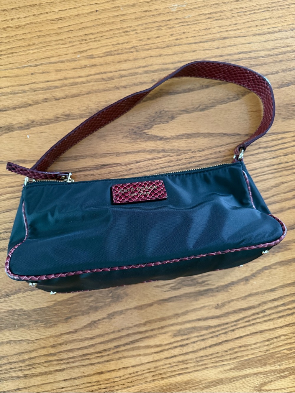 Kate Spade Black Baquette Shoulder Bag with Burgundy Python-embossed Trim NWOT